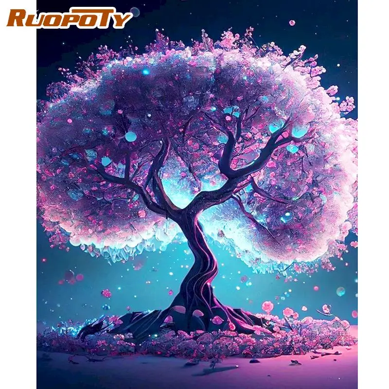 

RUOPOTY Frame Painting By Numbers For Adults Purple Tree Scenery Coloring With Numbers Starter Kits For Home Wall Art Diy Gift