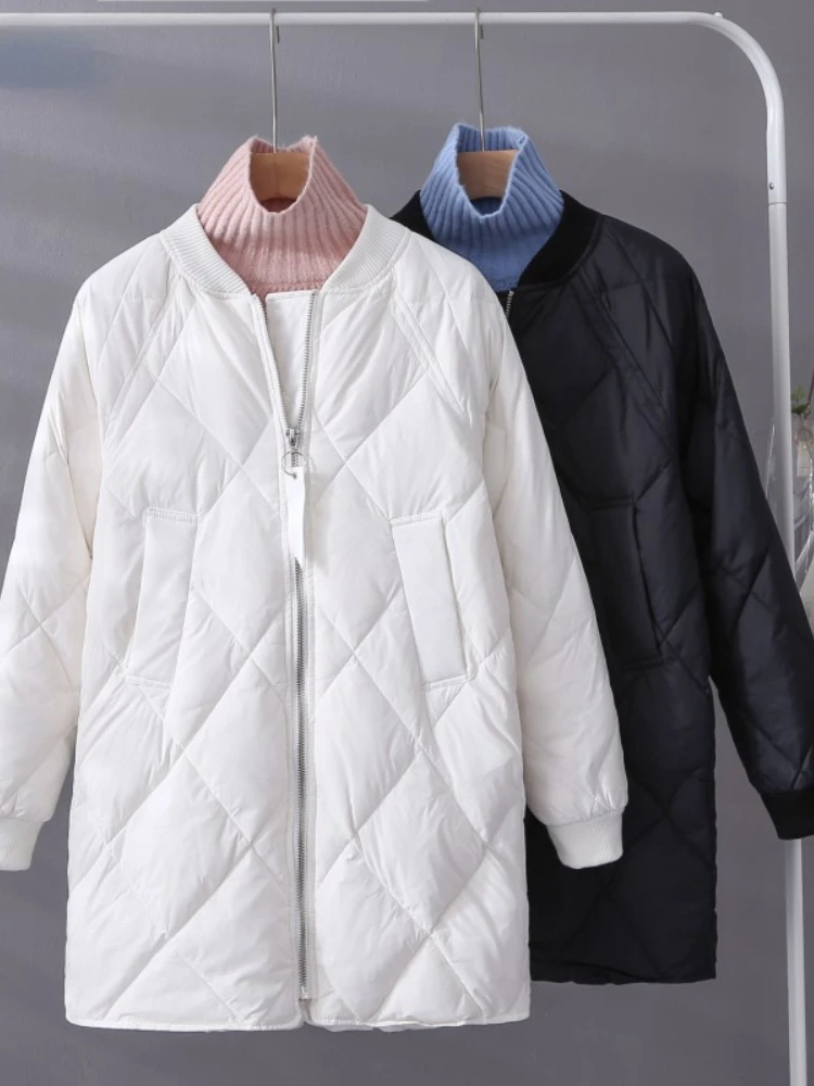 

Winter Women White Duck Down Parka Ultra Light Loose Zipper Baseball Uniform Down Jacket Female Casual Long Down Outwear