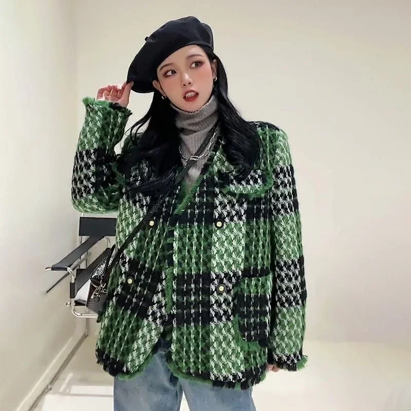 

Clothes Thicken Korean Jacket Pocket Loose Tassel Women Winter Outerwear Green Plaid Vintage Casual Warm Tweed