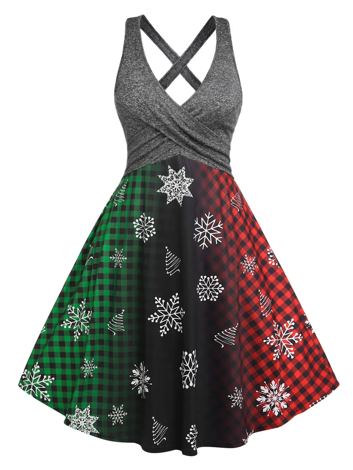 

ROSEGAL Plus Size Casual Dresses Vestidos Red Strappy Halter Flare Dress Or Christmas Tree Snowflake Plaid Criss Cross Dress 5XL