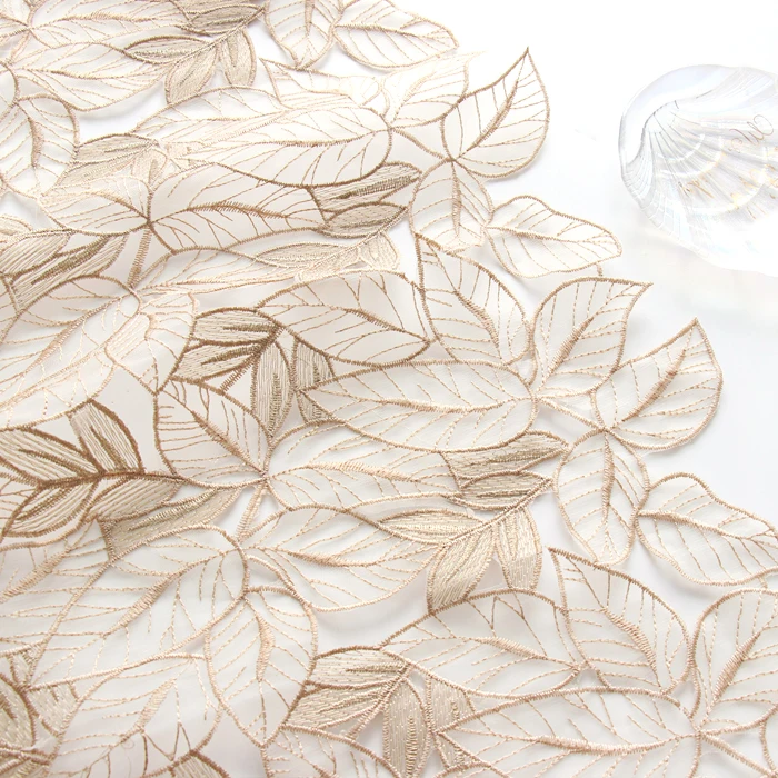 

Water-soluble leaf embroidered fabric Double-layer gauze skeletonized gold thread women's dress cheongsam tablecloth fabric