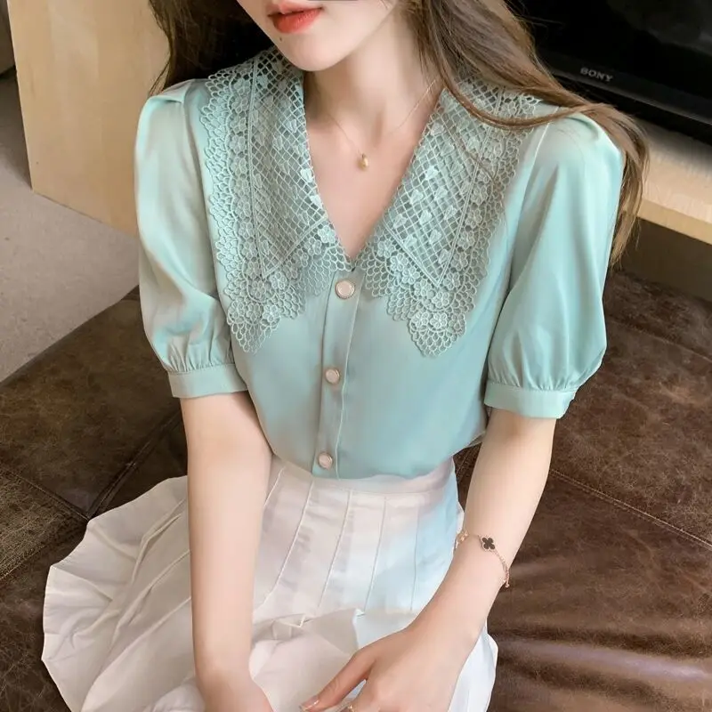 

Женская шифоновая блузка, Элегантная Модная кружевная блузка с круглым воротником, Офисная рубашка с коротким рукавом и пуговицами, лето 2022
