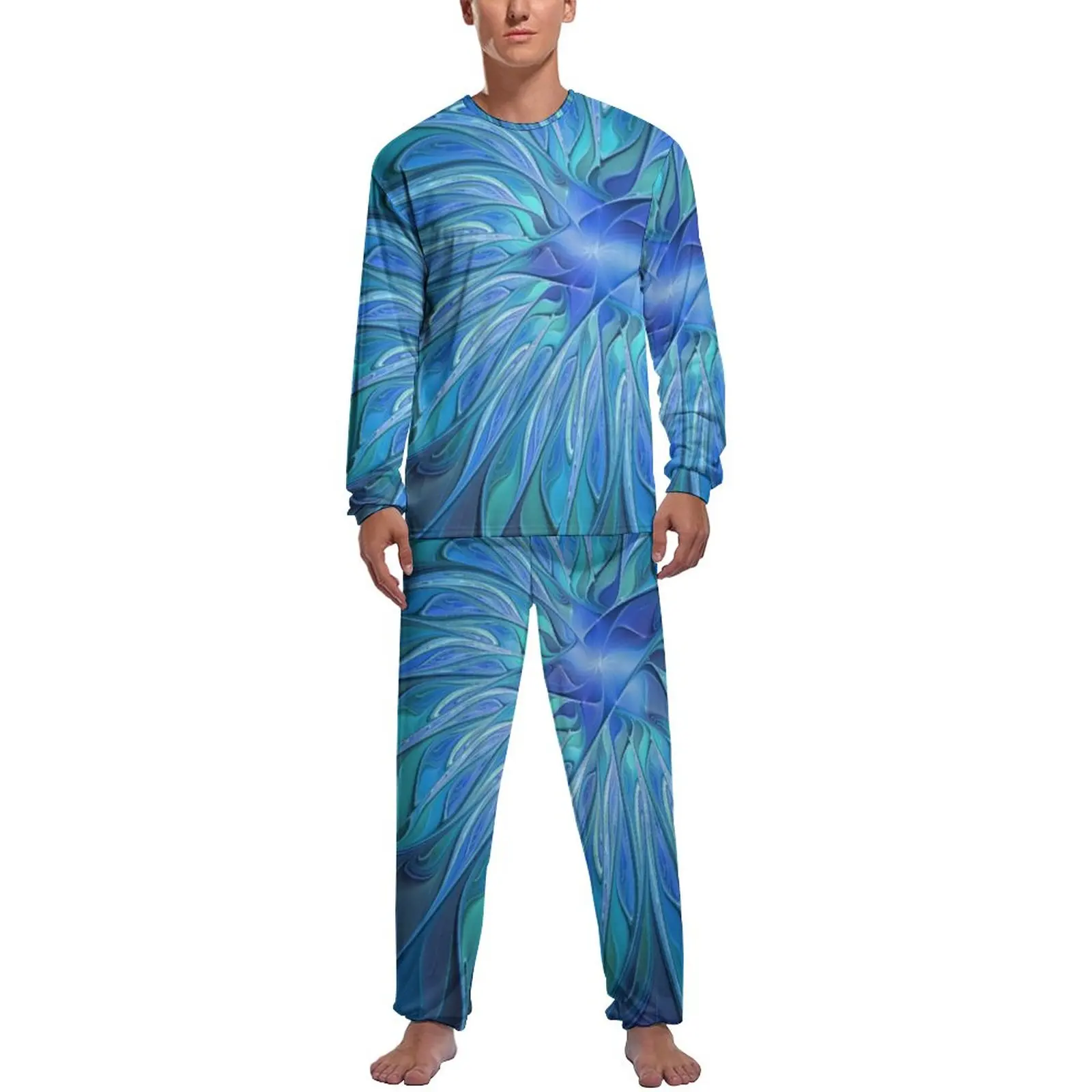 Blue Flower Print Pajamas Daily Two Piece Abstract Fractal Art Fashion Pajama Sets Man Long Sleeves Bedroom Custom Nightwear