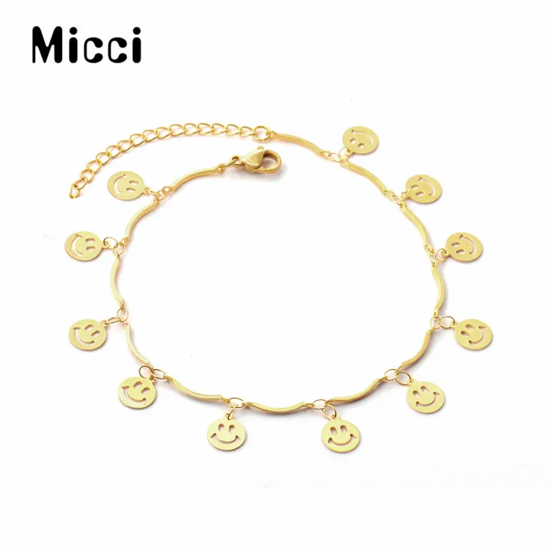 

Wholesale Custom 18K Gold Plated Stainless Steel Beads Beaded Charm Jewelry Women's Lucky Gold Happy Smile Smiley Face Bracelet