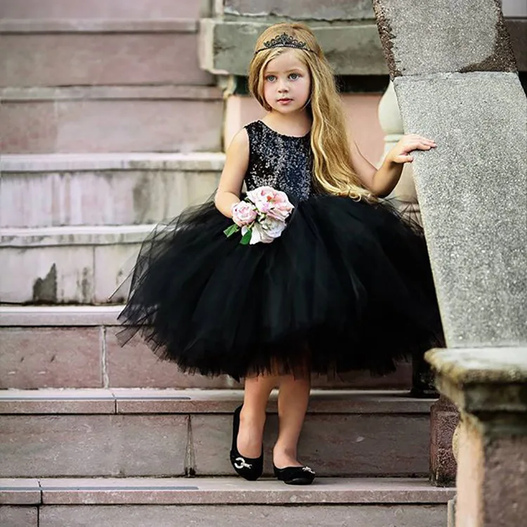 

New Dress for Kids Girl Black Solid Color Pommel Skirt Princess Dress Children's Crewneck Sleeveless Dress Party Dress