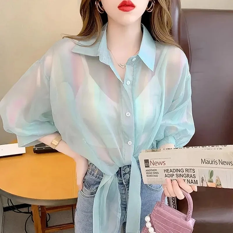 Женский солнцезащитный кардиган с воротником-поло тонкая модная Корейская