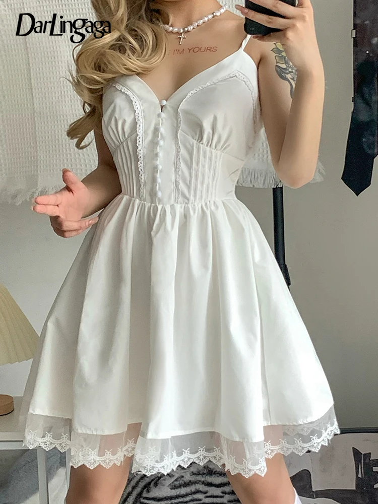 

Darlingaga Sweet Cute Lolita Style Lace Patchwork Corset White Dress Strap Buttons Party Summer Pleated Dress Female Korean Slim