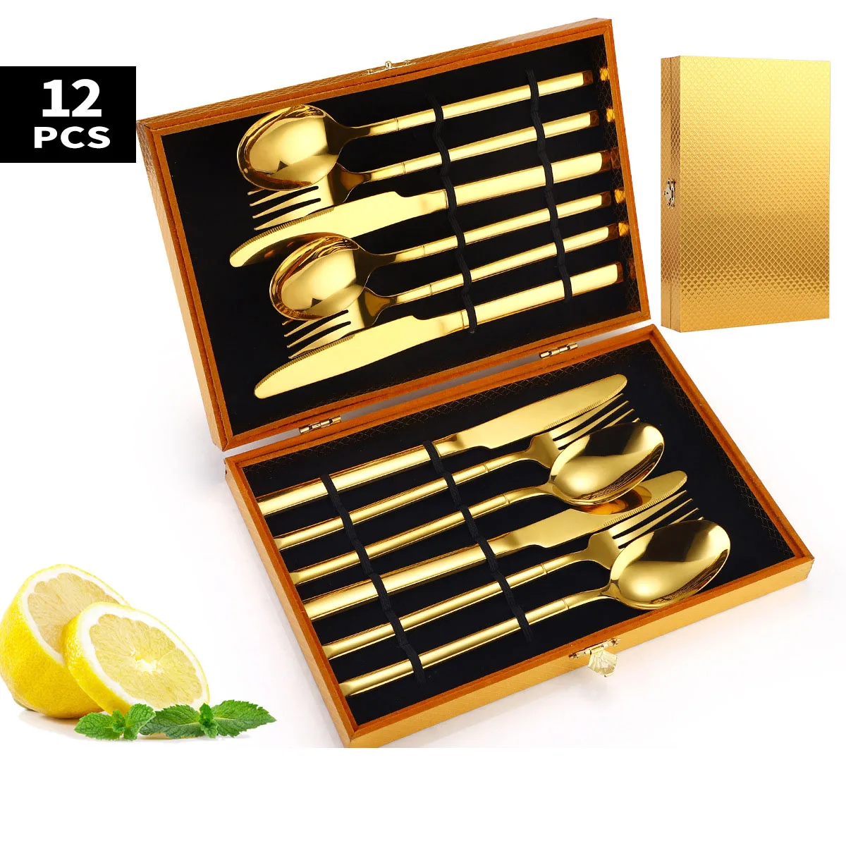 

Knight 12 Piece Set Gold Color Stainless Steel Cutlery Knife Fork Spoon Luxury Cutlery Wooden Box Gift Box Dishwasher Safe