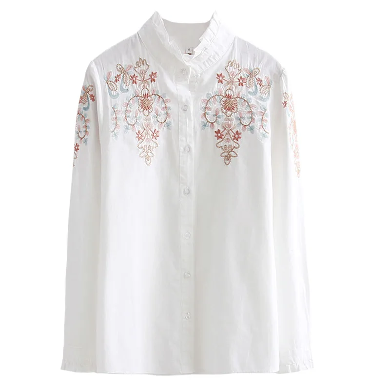 2022 Summer New Embroidery Flower Women Blouse and Shirts 100% Cotton Slim Office Lady Causal White Shirts Outwear Coat Tops enlarge