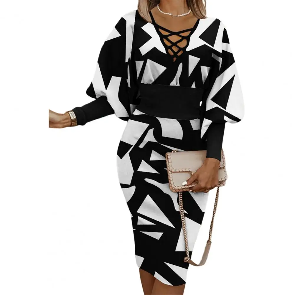 

Popular Women Dress Cross Straps Versatile Breathable Office Lady Geometry Patchwork Color Hip Wrap Midi Dress