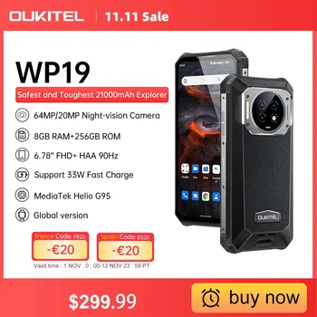 Oukitel-teléfono inteligente WP19 resistente, con visión nocturna, 21000 mAh, 8 GB, 256 GB, cámara de 64M, 90Hz, Helio G95 1
