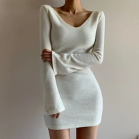 2021 new deep v neck sexy mini dress women skinny long flare sleeve above knee dresses streetwear solid pure basic dress party