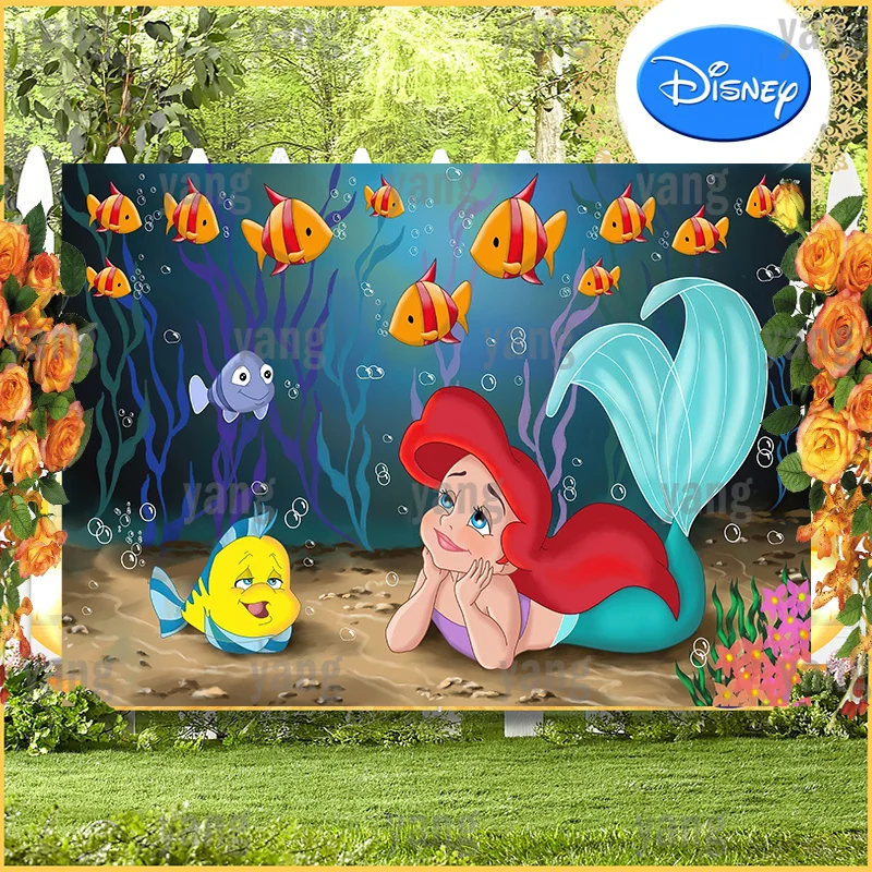 The Little Mermaid Disney Girls Princess Yellow Clownfish Background Ariel Sea Bubble Backdrop Birthday Decoration Baby Shower