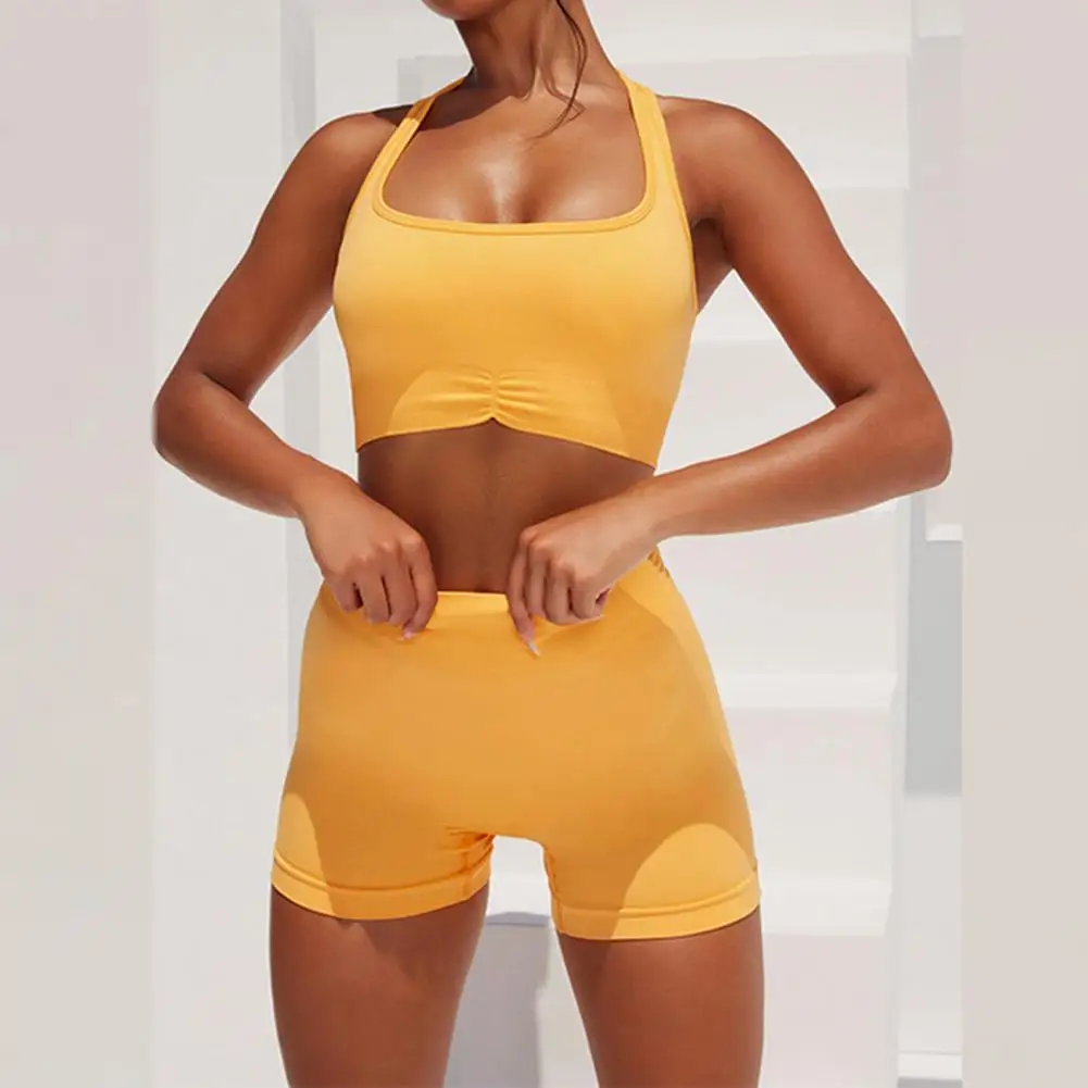 Sleeveless Solid Color Vest Shorts Set High Waist Women U-neck Bra Top High Waist Shorts Gym Clothing