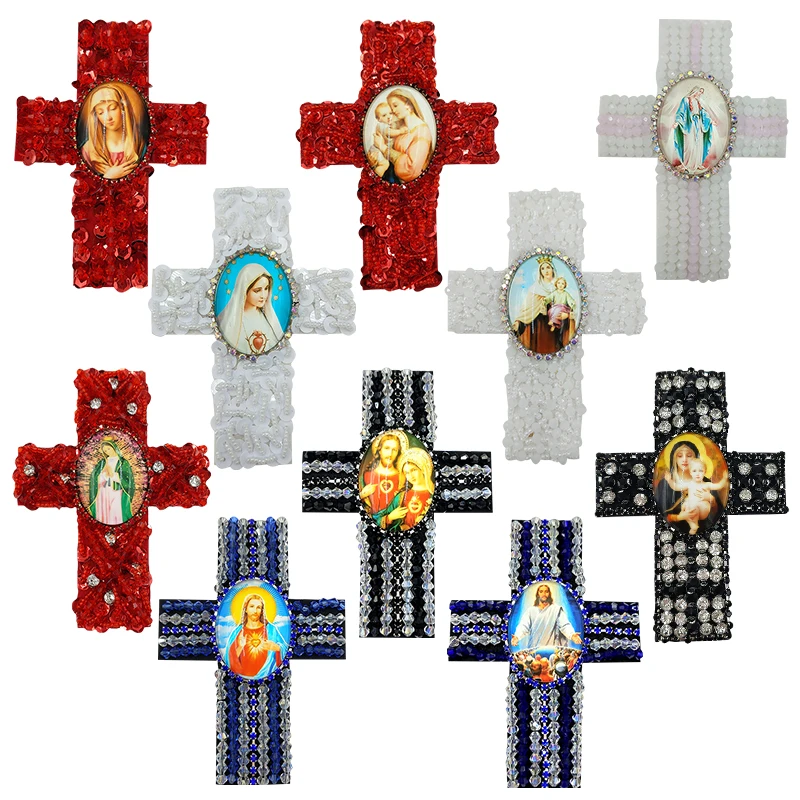 

1 Piece Oval Virgin Jesus Cross Beaded Crystal Rhinestones Sequined Patches Applique Sew on Clothes Bags Jacket Decorated DIY