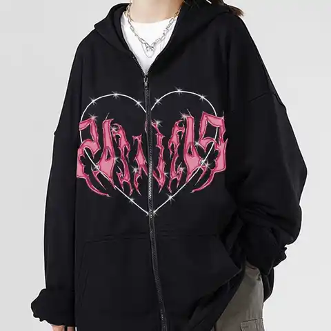 Women Hoodie Autumn Winter Hooded Sweatshirts Goth Pocket Print Long Sleeve Jackets Female Top Zip Up Harajuku Oversized Coats