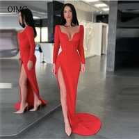 oimg simple stretch matte satin evening dresses red long sleeves sweetheart side slit floor length women party formal prom dress