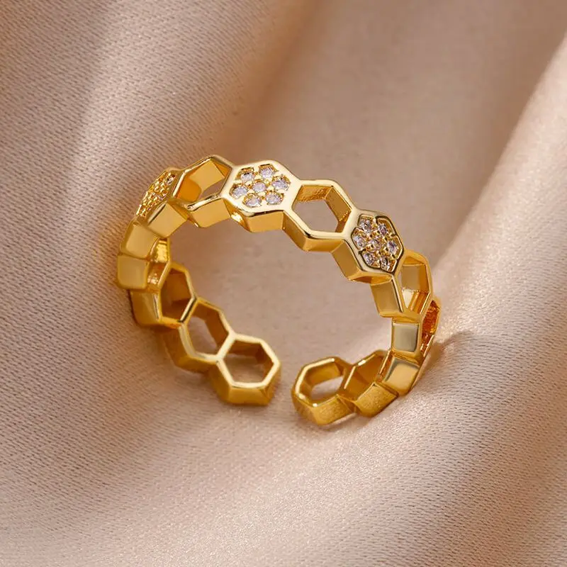 

Zircon Honeycomb Hexagon Rings for Women Gold Plated Stainless Steel Wedding Ring Open Adjustable Anillos Aesthetic Jewelry Gift