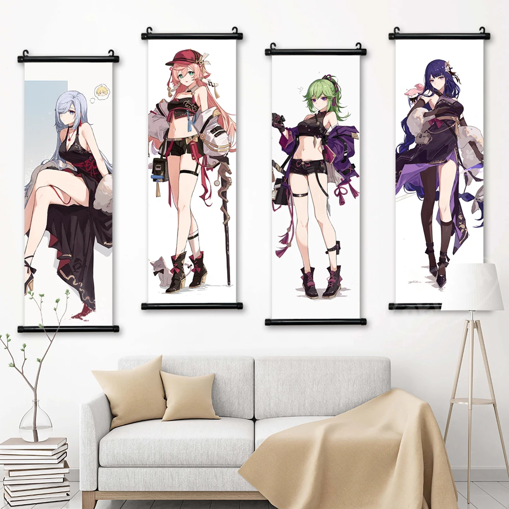 Холст Genshin Impact, украшение для дома из аниме, настенное изображение, картина Yae Miko, подвесные свитки Beelzebul, печать, современная картина, плакат