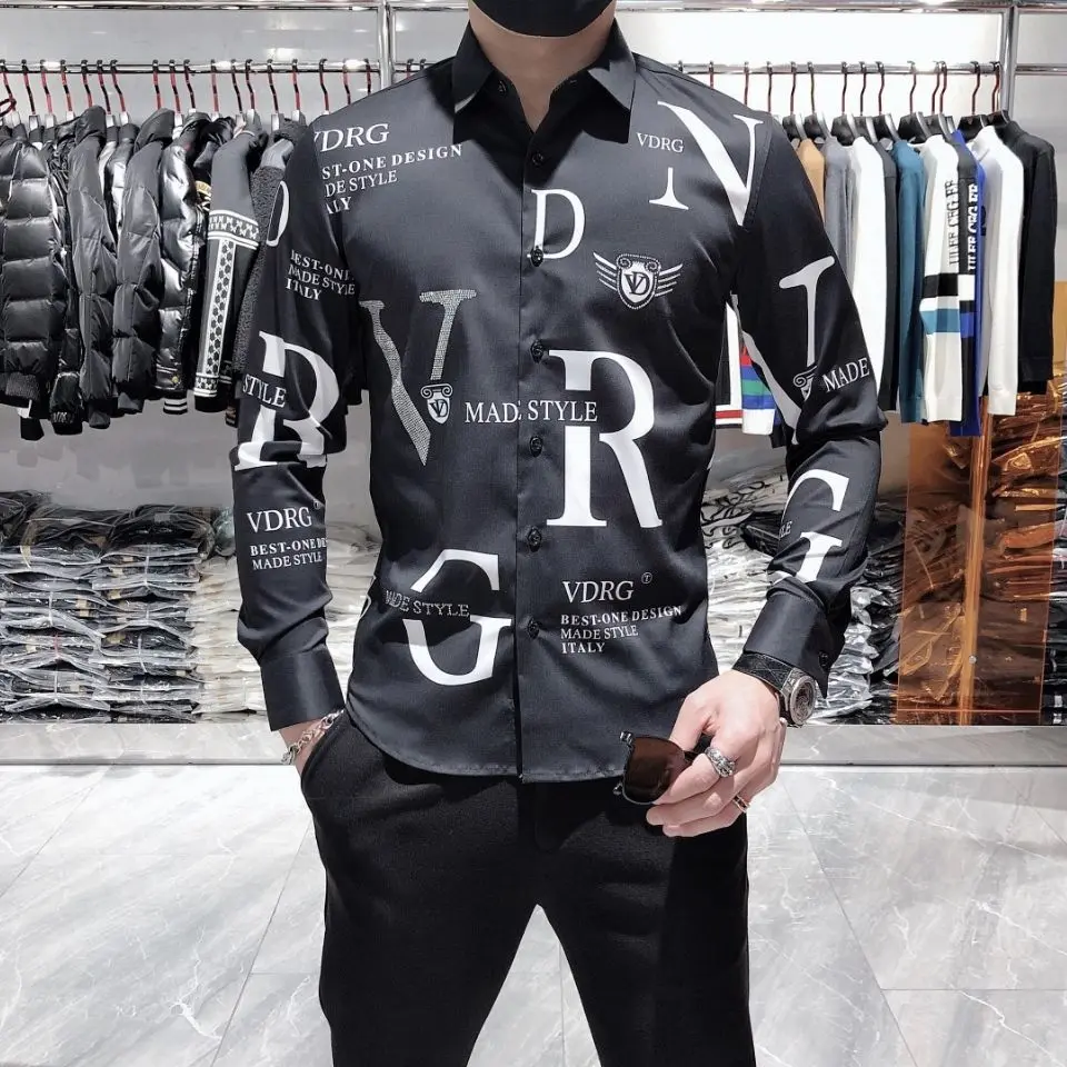 Men's spring and autumn long sleeve shirt fashion trend handsome letter printing slim shirt tide brand clothing jacket