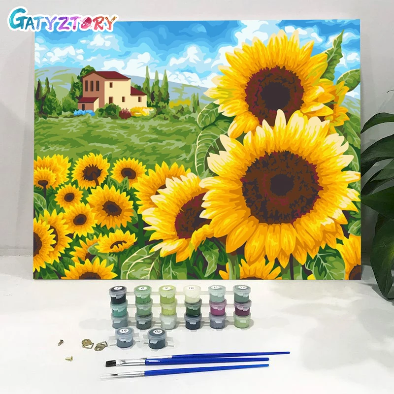 

GATYZTORY Oil Painting by numbers sunflowers Drawing On Canvas HandPainted Art Gift DIY Pictures By Number Flower Kits Home Deco