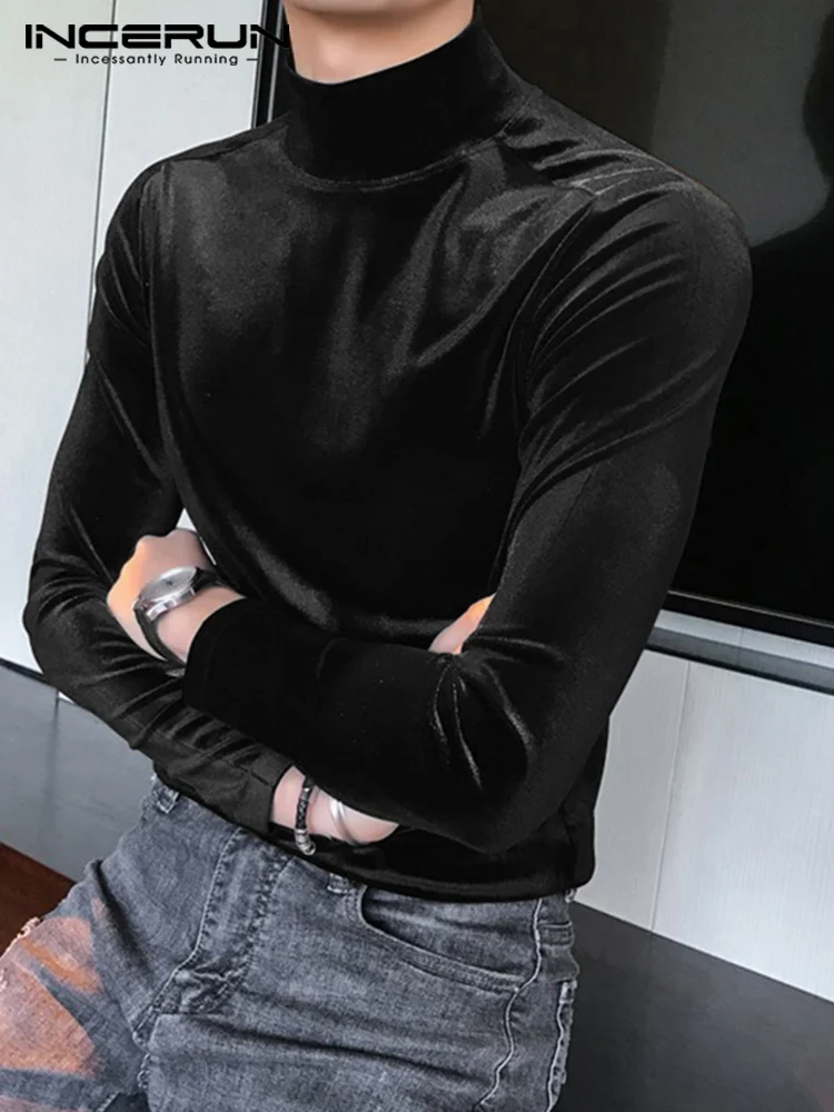 

INCERUN 2022 Мужская футболка с высоким воротником с длинным рукавом, велюровая Удобная нижняя рубашка, уличная одежда, однотонная модная повсед...