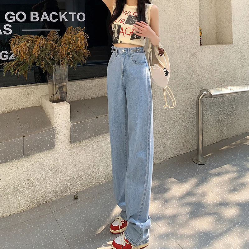 Light colored high waisted jeans for women's summer commuting loose fitting wide leg thin and versatile floor mop pants