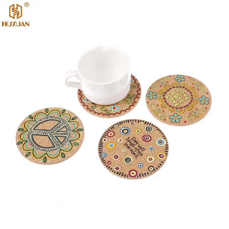 

4PCS/Set Flower Round Natural Cork Coasters Heat Resistant Patterned Mats Tabletop Protection Drink Coasters