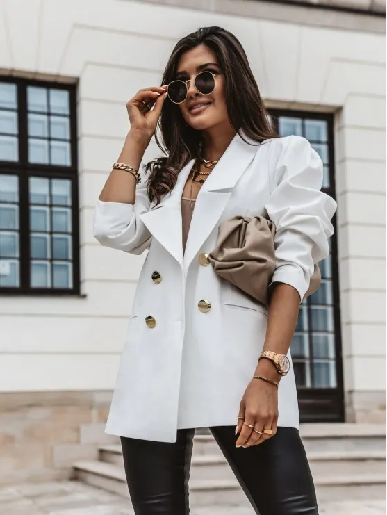 

Женский офисный Блейзер, элегантный белый пиджак, весенний Повседневный двубортный блейзер с длинным рукавом, металлический пиджак, пальто
