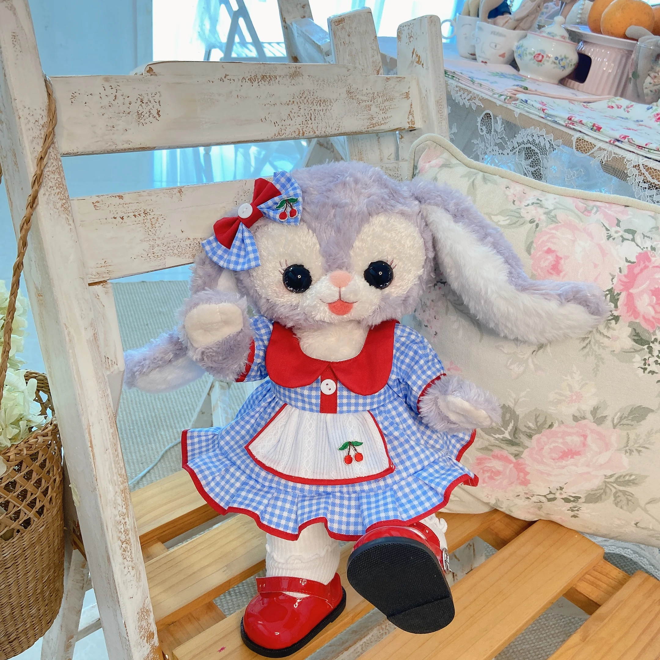

Stella Lou Ballet Rabbit Cherry Blue Lattice Maid Costume Pastoral Handmade Baby Suit