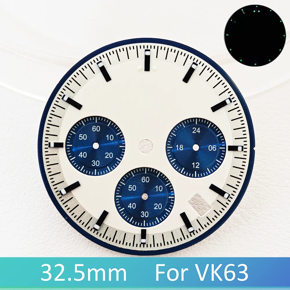Фото 32,5 мм для циферблата VK63 C3, зеленая светящаяся высококачественная с окошком календаря, подходит для корпуса из минерального хрустального стекла, аксессуар для часов №2