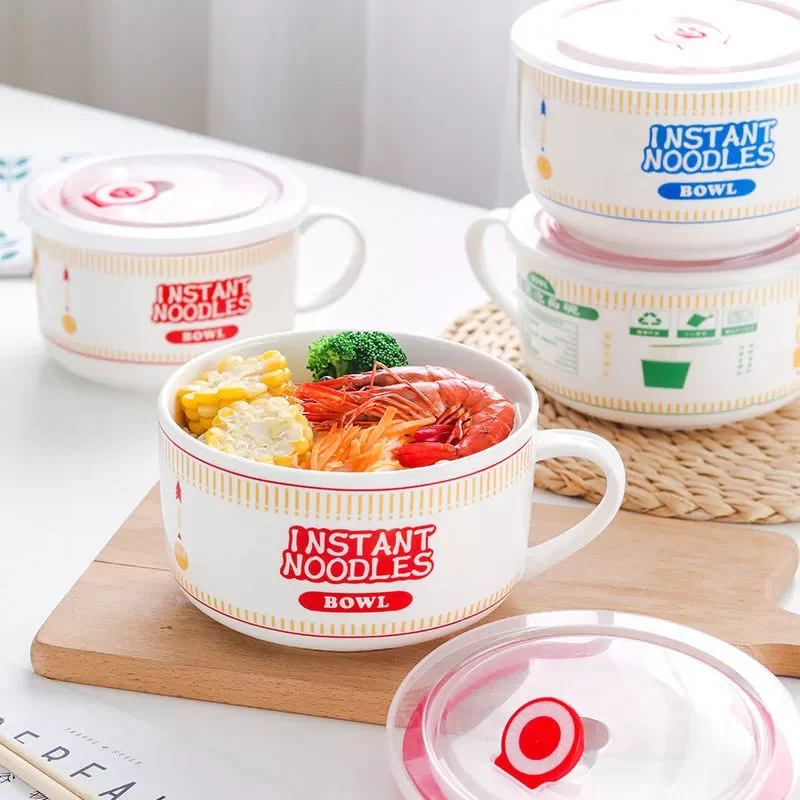 

Creativity Lid Ceramics Instant Noodle Porridge Bowl Young Girl Dorm Room Student Office Super Large Japanese Cup lunch Bowl Mug