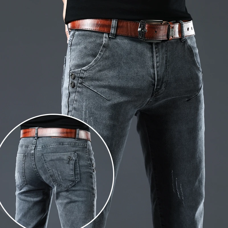 

2022 New Fashion Men Korean Style High Street Slim Fit Button Personality Vintage Classical Mens Denim Pants Gray Trousers