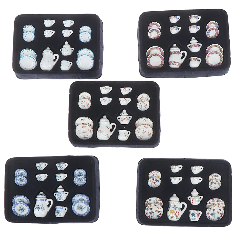 17Pcs/set Porcelain Tea Cup Set Chintz Flower Tableware Kitchen Dollhouse 1:12 Miniature