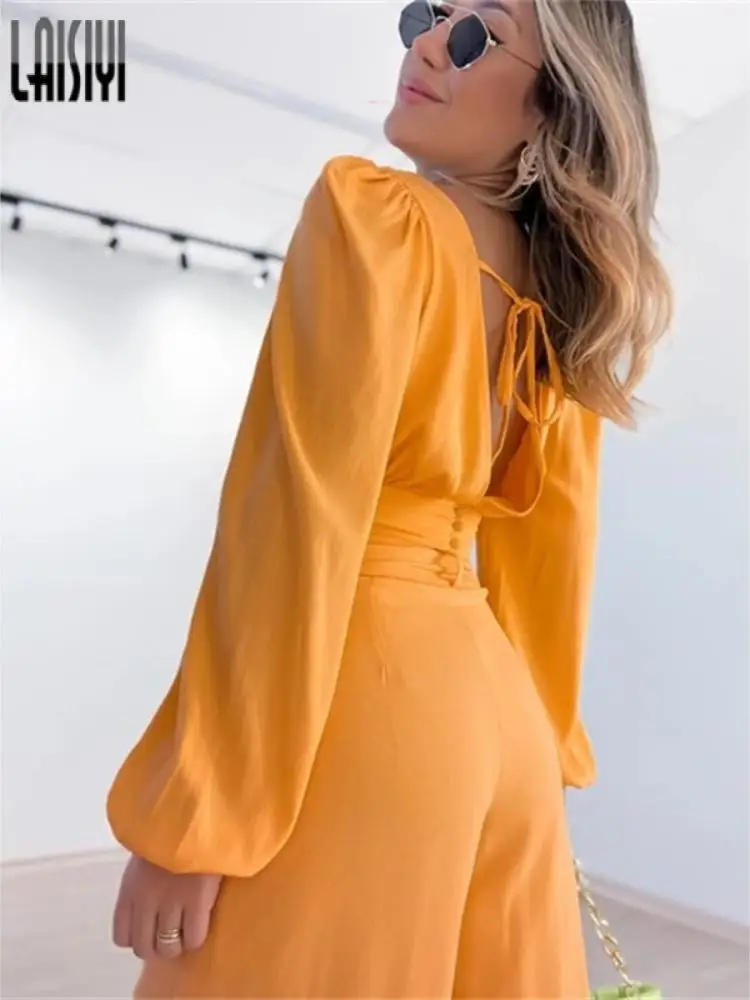 

Женский спортивный костюм из двух предметов LAISIYI, однотонный спортивный костюм с широкими штанинами, с глубоким V-образным вырезом и длинным...