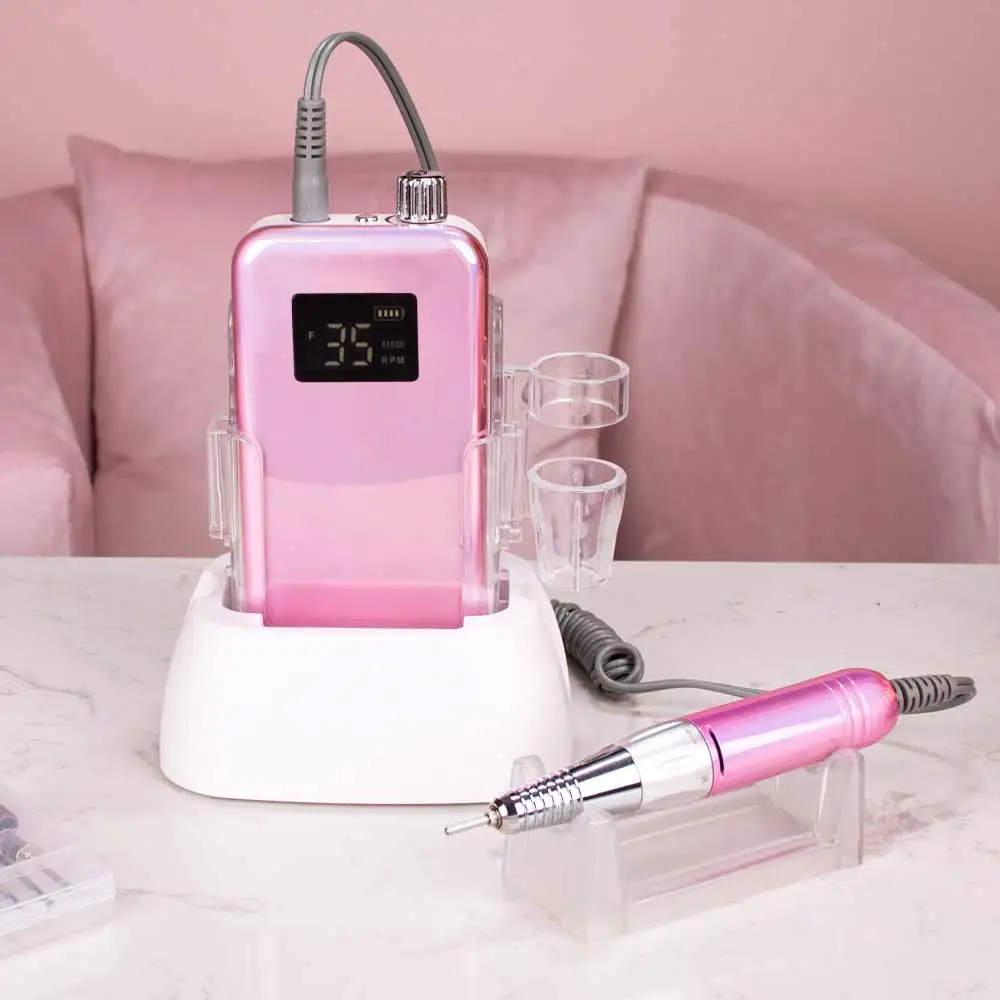 35000RPM Cordless Nail Drill Machine with Desktop Base Small Display Screen Acrylic Electric Nail Drill Milling Plating Pink