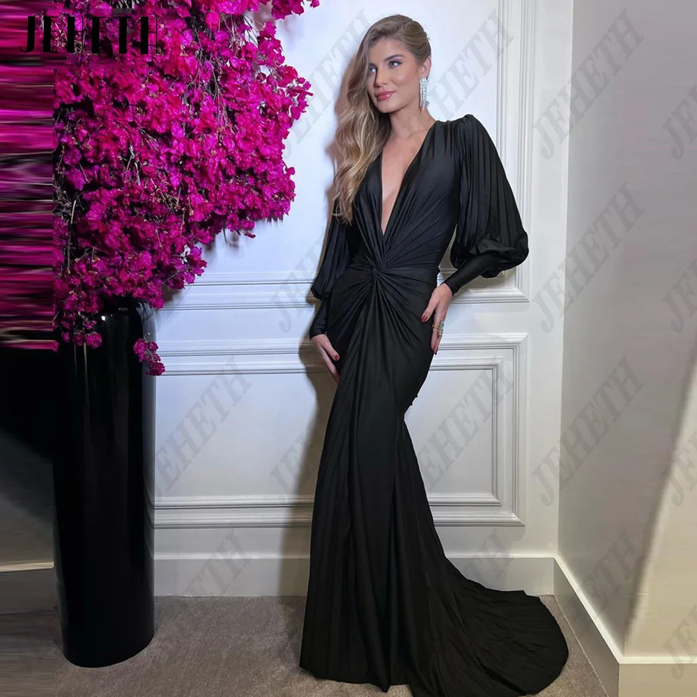 

JEHETH Mermaid Deep V-Neck Evening Gowns For Woman Puff Sleeves Satin Prom Party Dress Black Modern فساتين سهره فاخره 2023