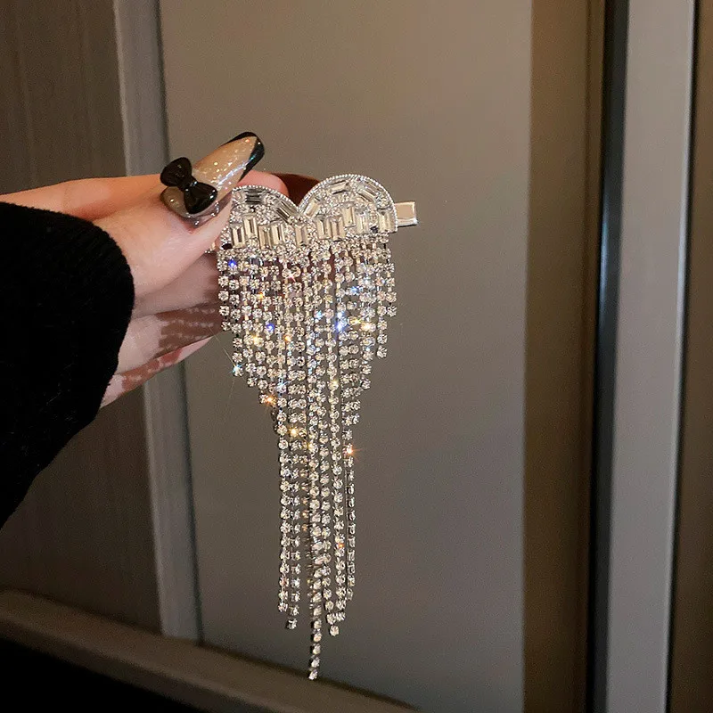 

FYUAN Heart Crystal Hairpins Headwear Women Long Tassel Rhinestone HairClips for Wedding Hair Accessories Gifts