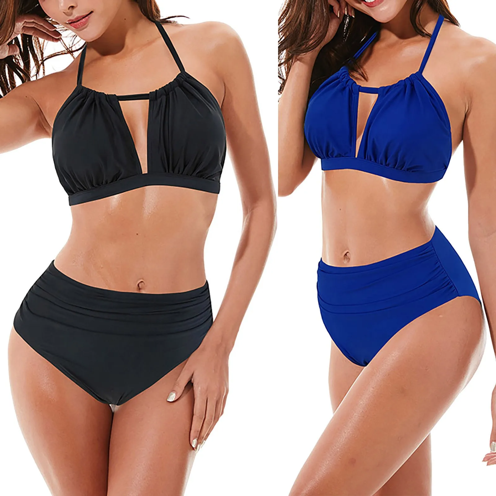 

Women's High Waisted Halter Neck Strap Bikini Scoop Neck Swimsuit Two Pieces High Waisted Cutout Bathing Suit