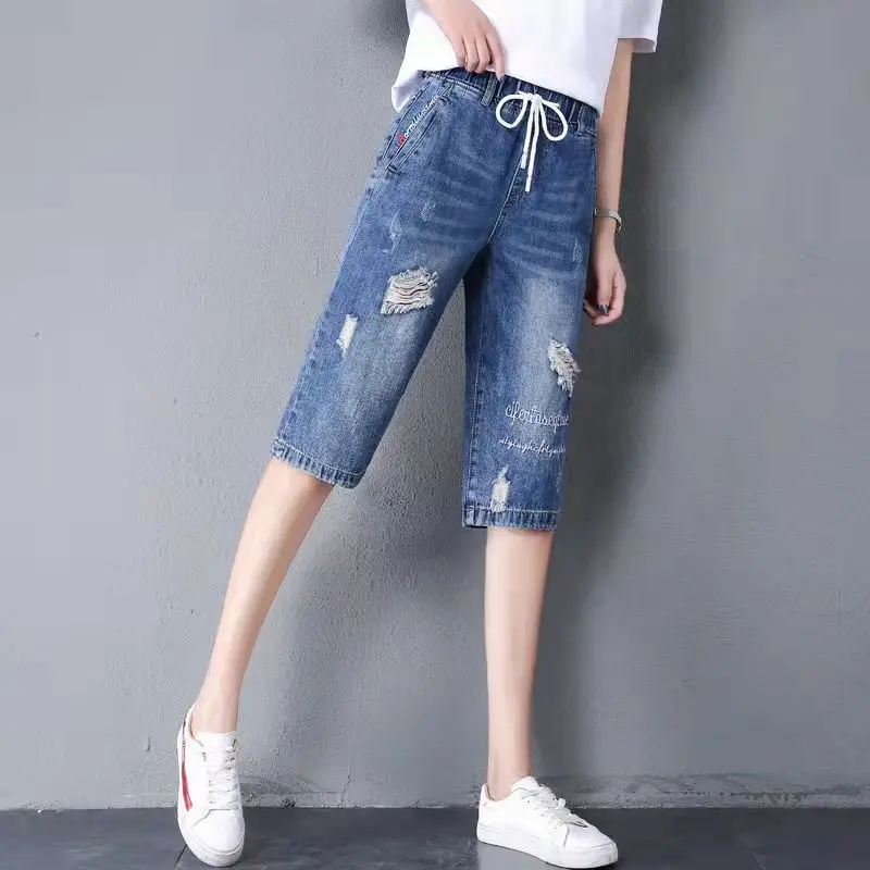 

Drawstring Denim Jeans for Women Ripped Hole Stretch Jean Ladies Calf Length Straight Pants Capri Trousers 33 E65
