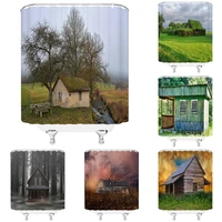 outdoor scenery forest shower curtains bathroom decor old wooden house dead trees river fabric bath curtain washable polyester