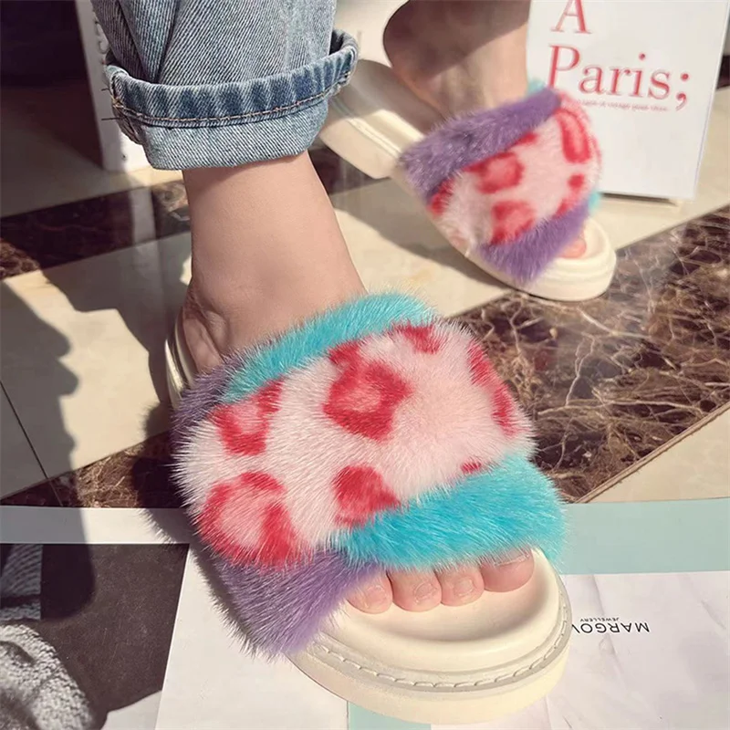 

2023 Summer New Women's Fur Slippers Fashion Thick Sole Mink Fur Slippers Korean Edition High Rise Sandals for External Wear