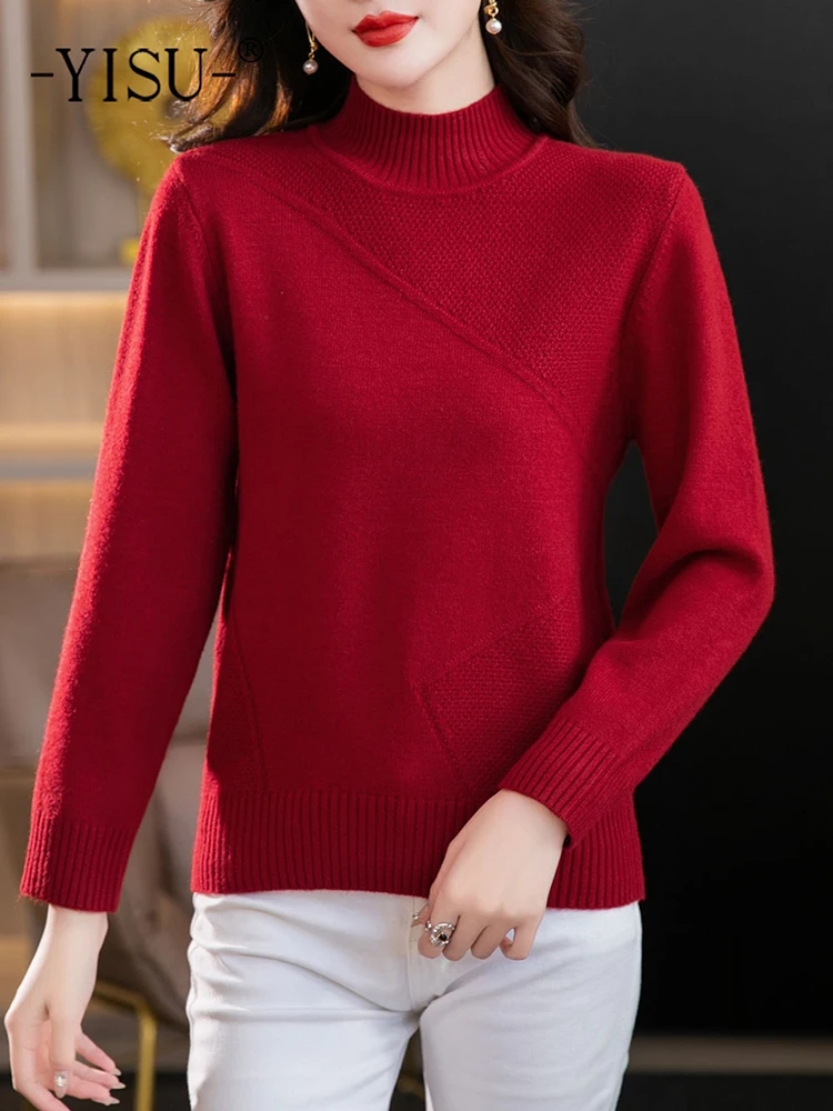 

YISU New Pullover Sweater Women Loose solid color Half height collar Long sleeves Knitted Sweaters Jumper Female Women sweater