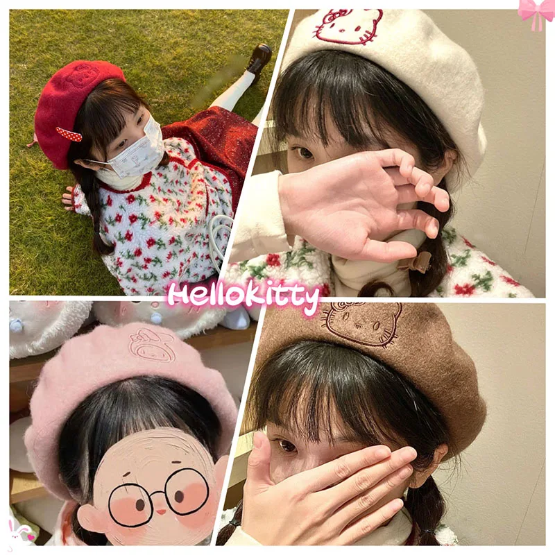 

Sanrio Hello Kitty Berets Autumn and Winter The New Korean Version Vintage Wool Student Outfit Small Face Cute Female Kawaii