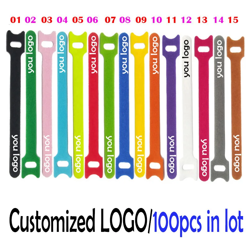 100PCS 200mm Customized LOGO nylon Reverse buckle  hook loop fastener cable ties strap sticky Line finishing print your logo