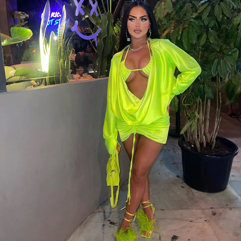 

Женский атласный комплект из 3 предметов, комплект с юбкой, Топ с длинным рукавом и рюшами, мини-юбка на шнуровке, праздничный наряд на день р...