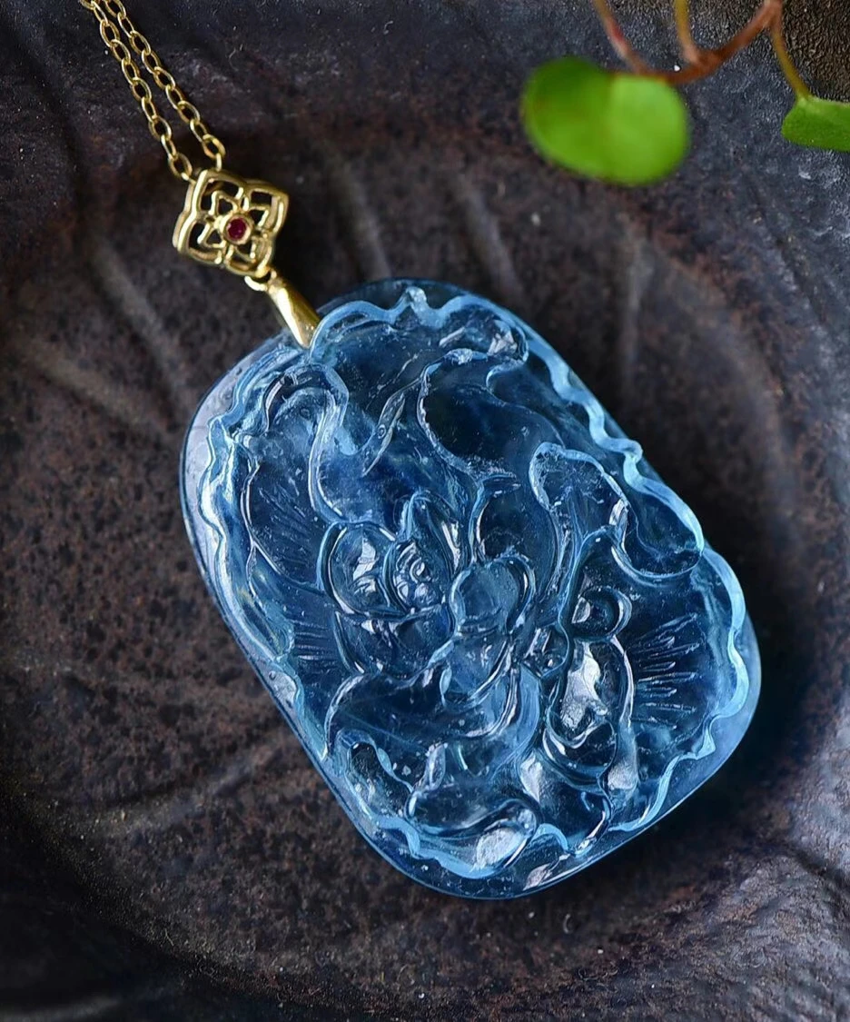 

Natural Blue Aquamarine Quartz Flower Pendant 32/23.6/7.9mm Women 925 Sterling Silver Deep Blue Aquamarine Necklace AAAAA