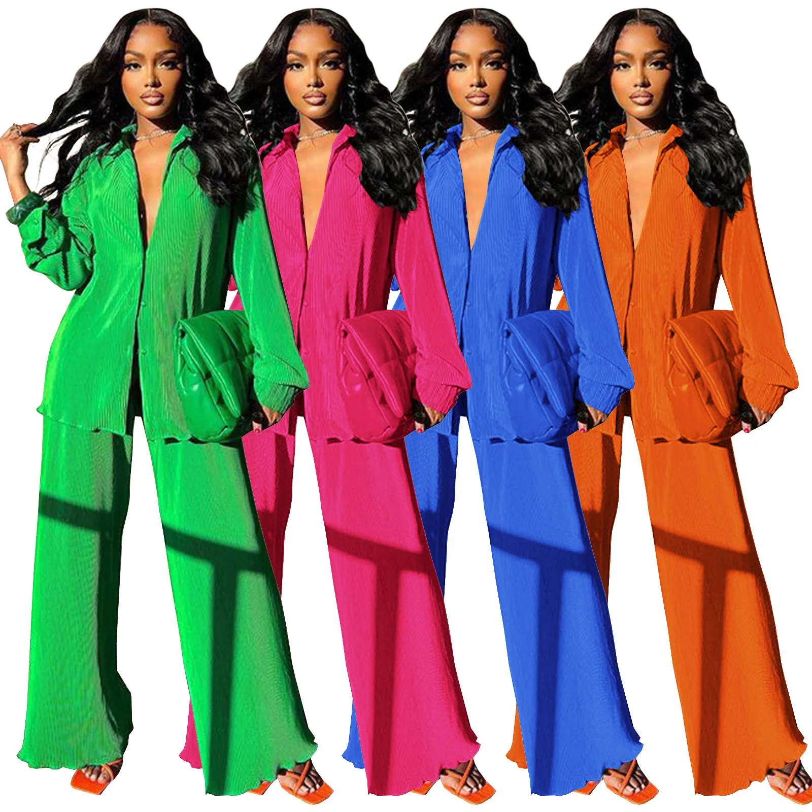 

Sexy Button Long Sleeve Shirt Top Wide Leg Pants Tracksuit Women 2 Piece Set Women Outfits Streetwear Elegant Pleated Women Set