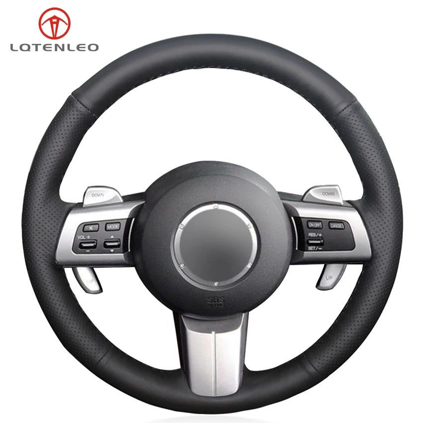 

LQTENLEO Black Genuine Leather Sew Car Steering Wheel Cover for Mazda MX-5 2009-2013 RX-8 2009-2013 CX-7 CX7 2007-2009