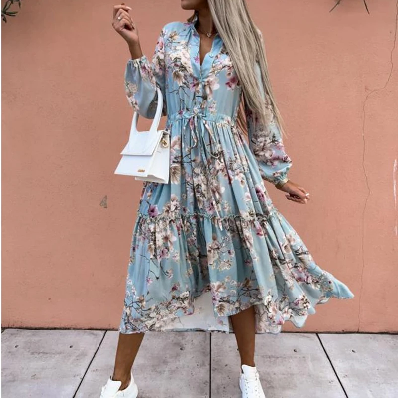 

Women'S Floral V-Neck Summer Long Dresses Printed Waist Belted Large Boho Beach Swing Streetwear long sleevesWoman Maxi Dres